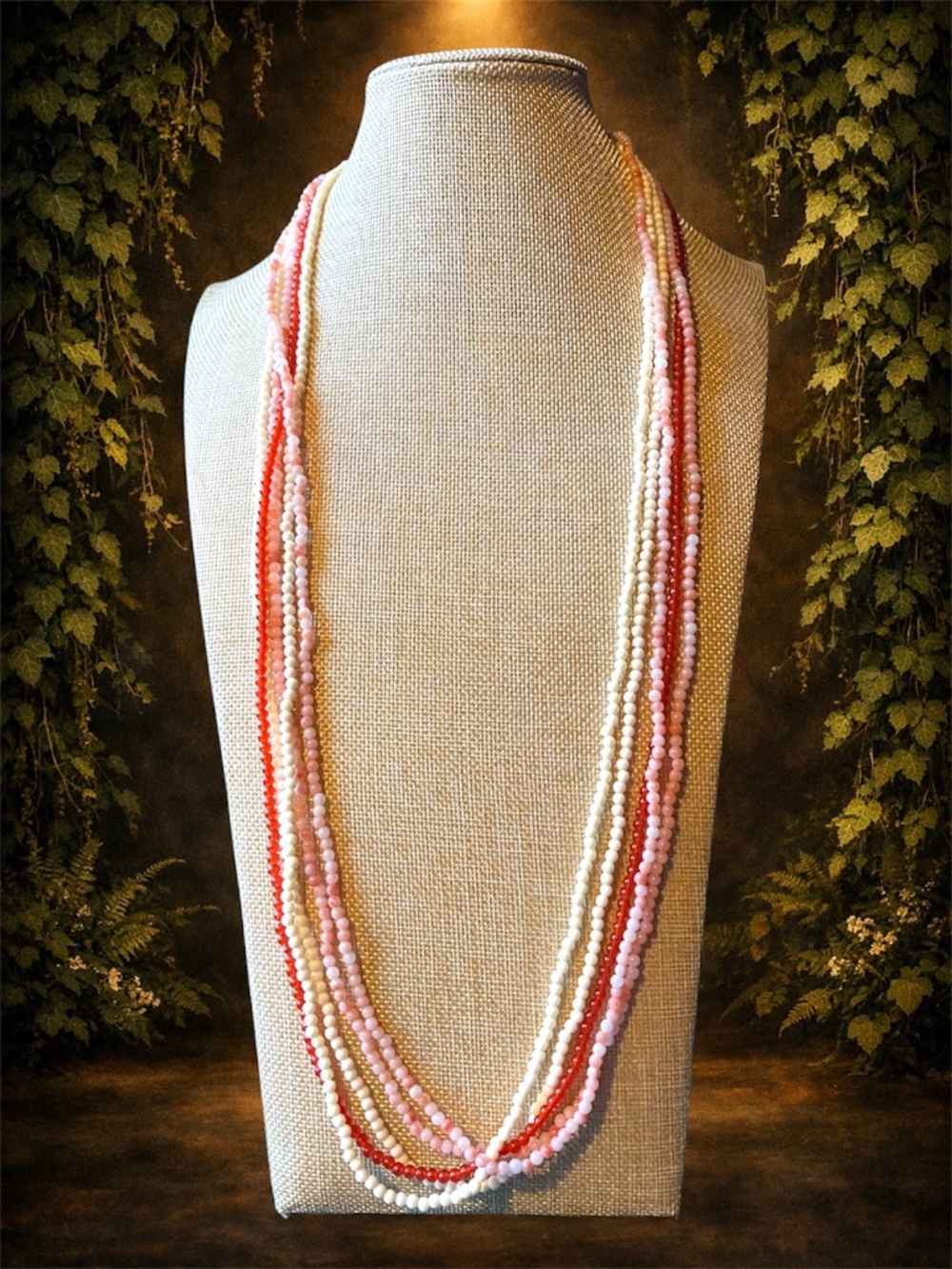 Vintage Multi-Strand Beaded Necklace Set Cream Coral Pink